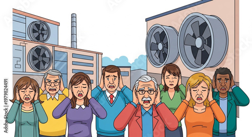 People covering ears from loud industrial noise pollution.