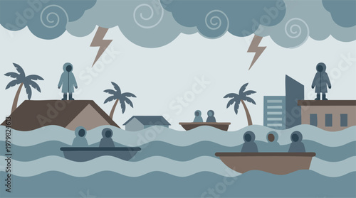 Vector illustration of flood with people on rooftops and in boats