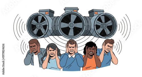 People covering ears from loud industrial noise pollution from fans.