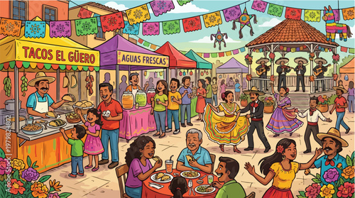 Vibrant Mexican Fiesta Scene with Mariachi Band Food Stalls and Dancing People Celebrating Culture and Tradition