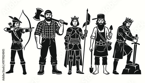 Diverse character silhouettes representing various subcultures and historical archetypes