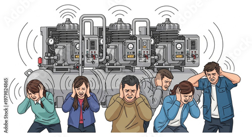 People covering ears from loud industrial noise pollution.