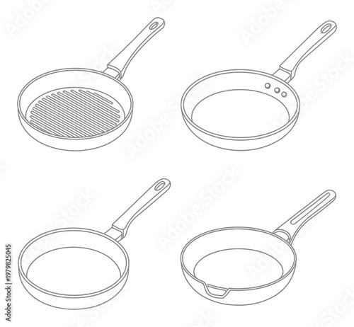 Four Frying Pans: Grill Pan, Skillet, and Two Other Styles