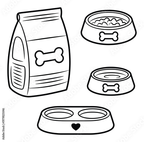 Dog Food Bag and Bowls with Bone and Heart