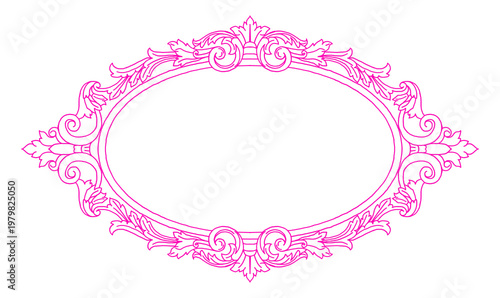 Pink ornate oval frame with floral design elements on white isolated on transparent background