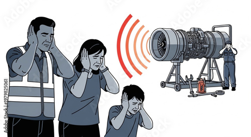 People covering ears from loud jet engine noise illustration.