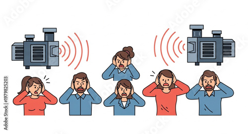 People covering ears from loud noise of industrial machines.