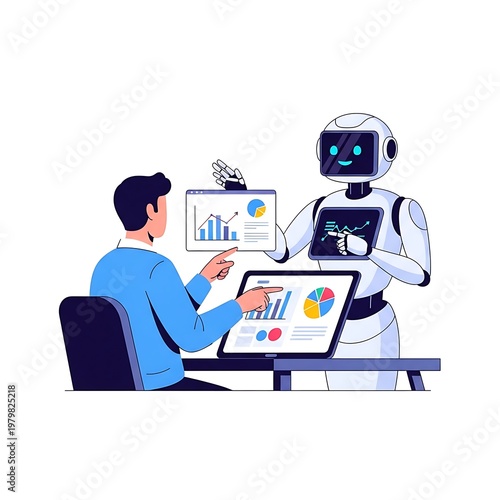 Flat Vector Illustration of Business Meeting with Robot Assistant