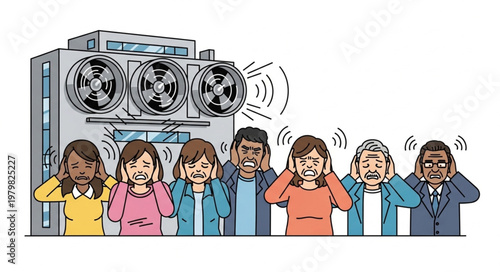 People covering ears from loud noise of industrial equipment.