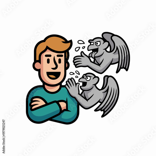 Man Repelling Demons Cartoon Illustration