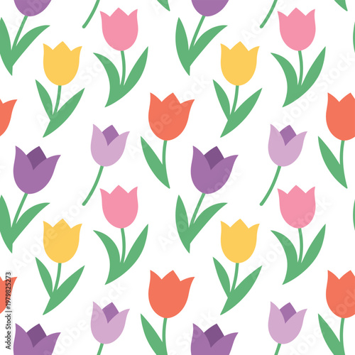 Seamless Pattern of Colorful Tulips on White Background