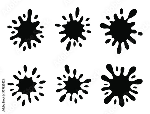 Six Black Ink Splatter Shapes on White Background