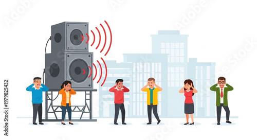 People covering ears from loud noise pollution from speakers.