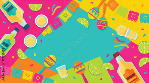 Vibrant Mexican celebration background with tequila bottles shot glasses lime slices maracas and colorful papel picado banners for Cinco de Mayo or Fiesta party invitation