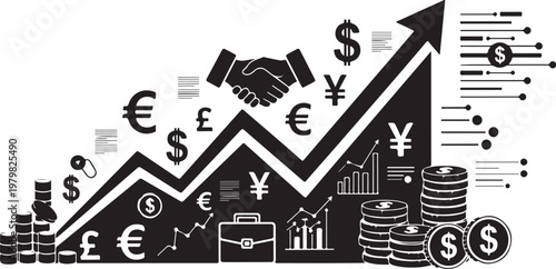 Financial growth concept with currency symbols and handshake agreement