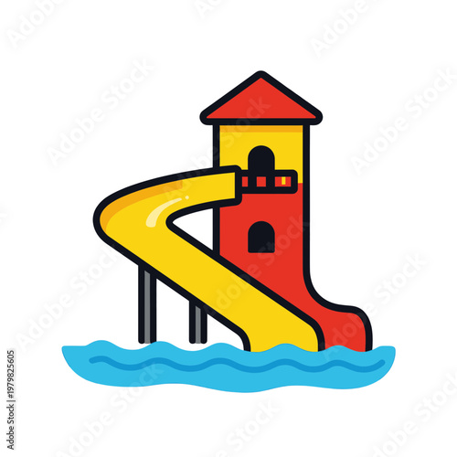 Water Slide Tower Icon with Red Roof and Blue Pool