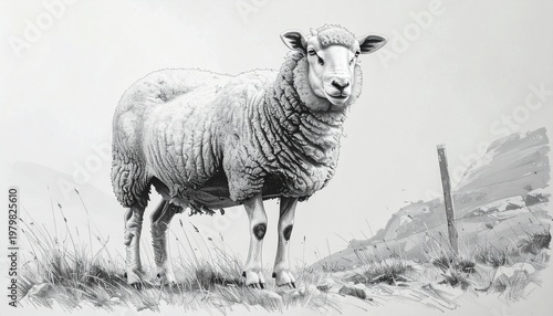 Detailed pencil drawing of a sheep standing in a field.