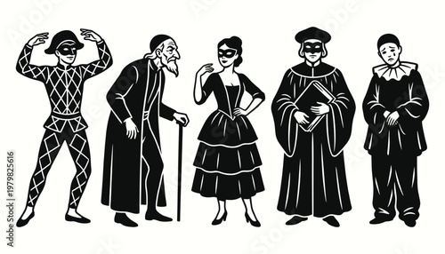 Collection of historical warriors and leaders from different eras in black and white silhouette style