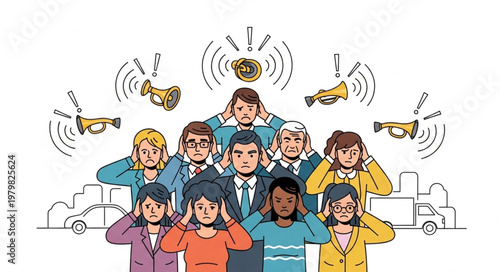 People covering ears from loud noise pollution in city.