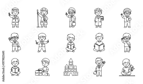 Boys activities line drawing vector kids professions coloring page illustration