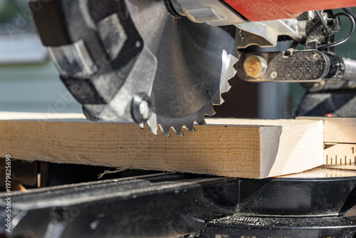 Canvas Print Miter saw tool blade up close for cutting lumber and carpentry