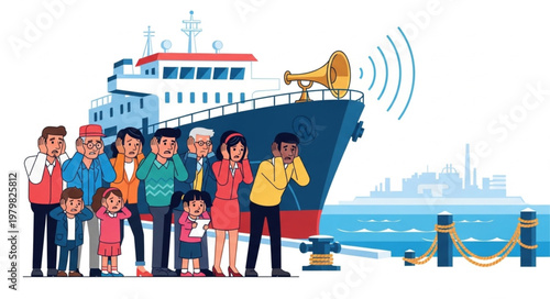 People covering ears from loud ship horn sound at dock.
