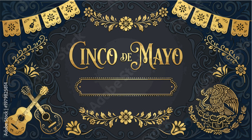 Elegant Cinco de Mayo celebration background with golden Mexican culture elements including guitars eagle emblem papel picado and floral ornaments on dark blue vintage backdrop
