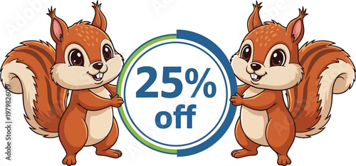 Two cartoon squirrels holding a discount sign with 25 percent off