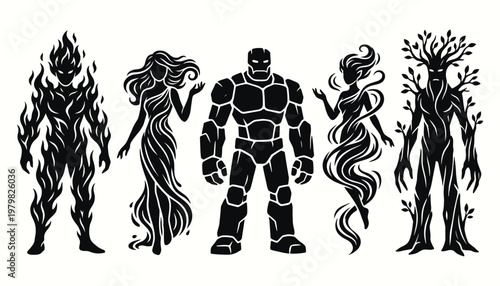 Black Silhouette Illustration of Humanoid Zodiac Signs Aries Taurus Gemini Cancer and Leo on Neutral Background