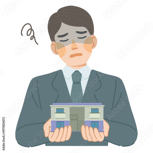 スーツ姿の男性がアパートのデメリットに落ち込んでいるイラスト