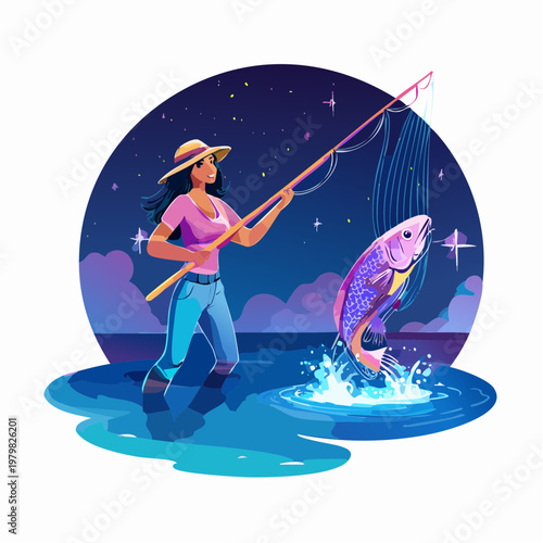 Woman fishing at night with a starry sky and a leaping fish in the water