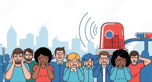 People covering ears from loud siren noise city background.