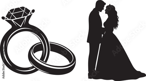 Romantic Wedding Silhouette with Engagement Rings and Loving Couple