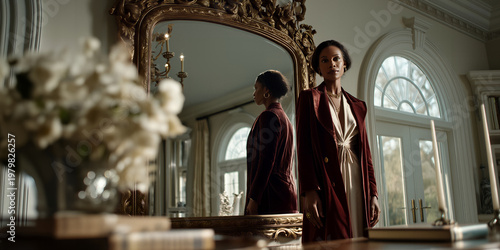 Elegant woman gazes. Wealthy woman standing confidently in luxurious neoclassical environment