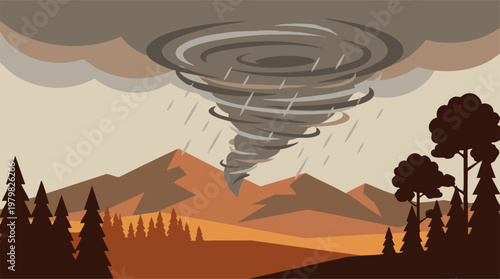 Powerful Tornado Swirling Over Mountains and Forest Landscape Illustration