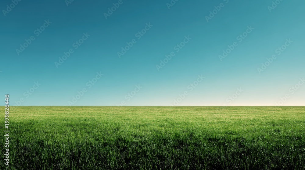 Fototapeta premium Lush Green Field Under Clear Blue Sky Landscape Scenery