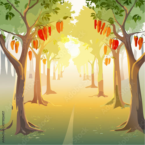 Sunlit pathway lined with trees bearing ripe bell peppers in a charming orchard