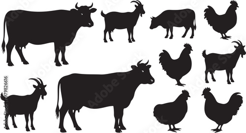 Black silhouettes of farm animals on white background illustration