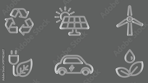 Six frosted glass green technology icons with solar power and recycling symbols are centered on a solid dark grey background.