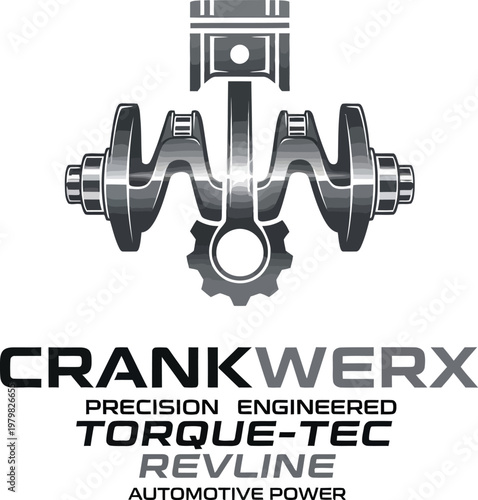A logo for a precision engineered automotive power company featuring a crankshaft and gear