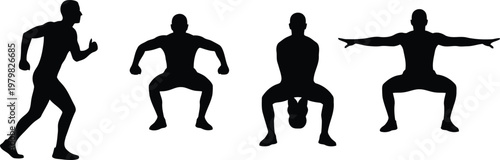 Fitness Squat and Running Exercise Silhouette Set, Male Bodyweight Training Icons.