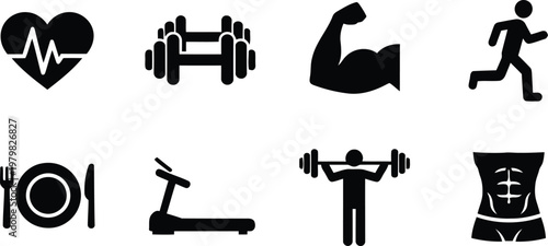 Fitness and gym icon set. Heartbeat dumbbell bicep running man healthy eating treadmill weightlifter and abdominal muscles