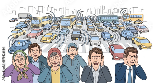 People covering ears from loud traffic noise pollution.