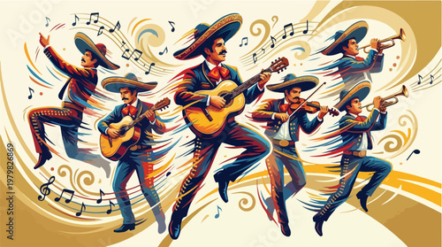 Dynamic illustration of a traditional Mexican mariachi band performing with guitars trumpets and violin in a vibrant celebration of culture and music with artistic swirls