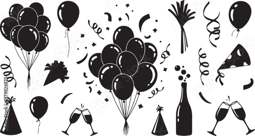 Black and white party celebration icons and symbols set