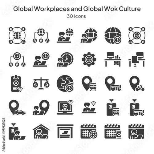 global workplaces and global work culture icons colllection