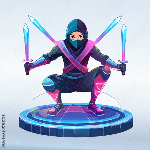 Dynamic Futuristic Cybernetic Warrior with Glowing Neon Blades on a Digital Platform Illustration