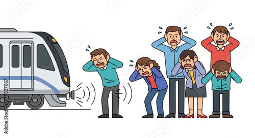 People covering ears from loud train noise illustration.