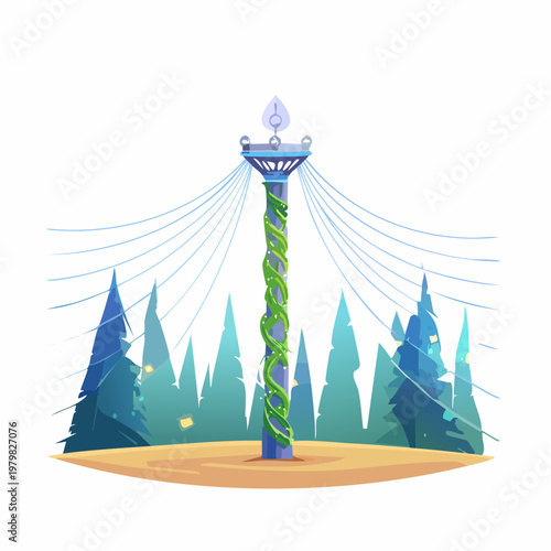Tall electric pole with wires wrapped around it in a forest setting
