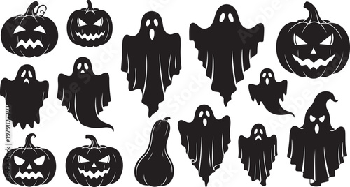 Halloween icons set with ghosts and pumpkins silhouettes black